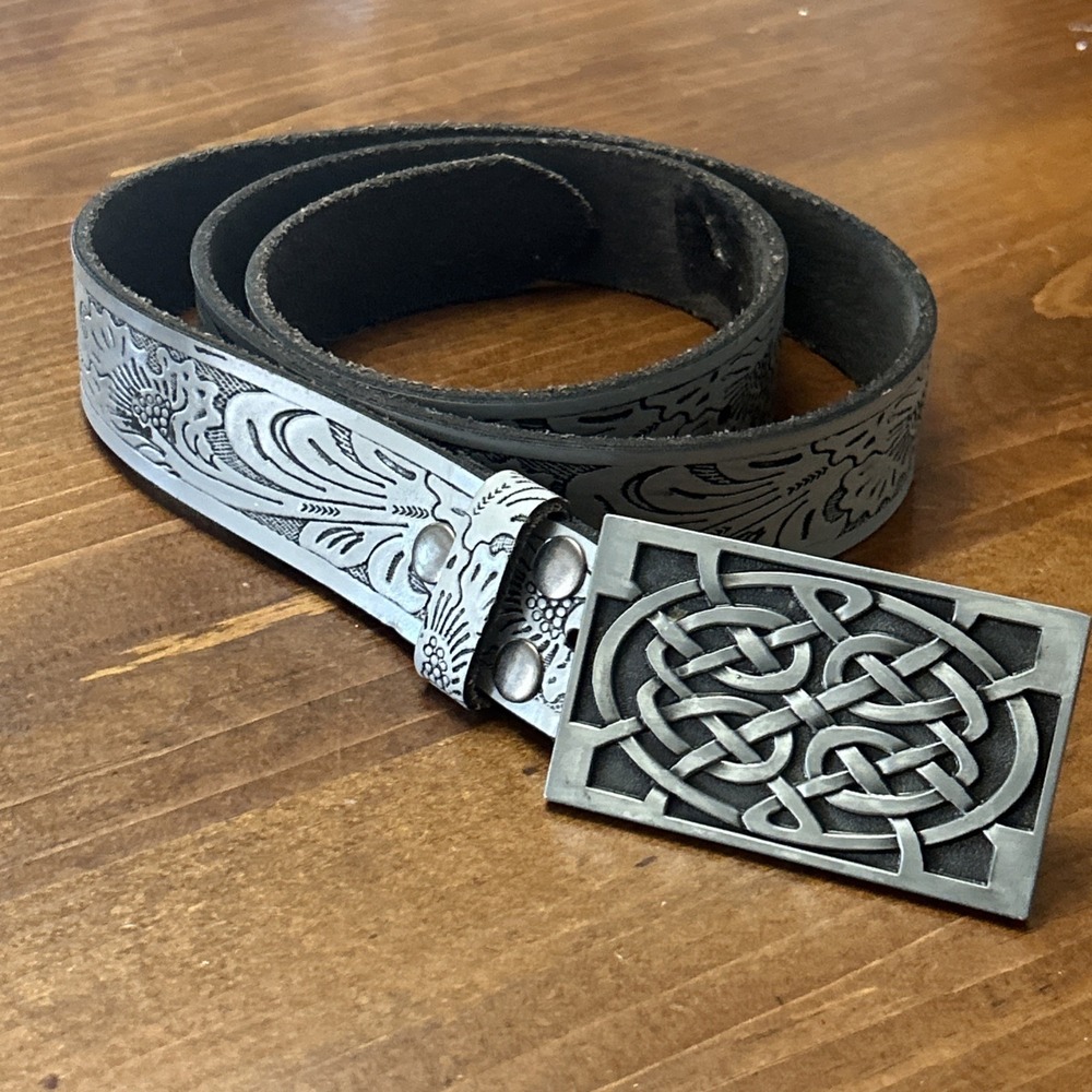 Vintage Celtic Knot Belt Buckle Tooled Leather Western Gray Floral BS220 48"